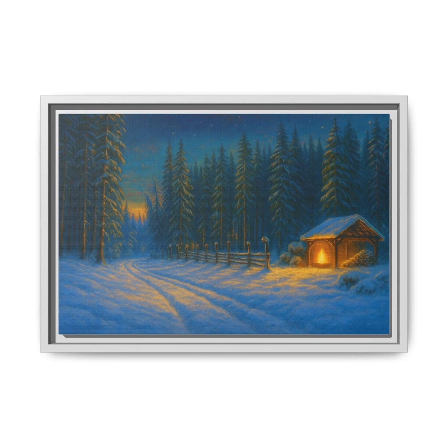 Cozy winter cabin matte framed canvas print featuring a snowy forest evening scene, ideal for wall decoration.