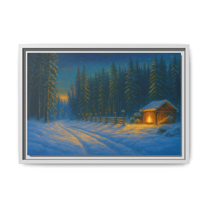 Cozy winter cabin matte framed canvas print featuring a snowy forest evening scene, ideal for wall decoration.