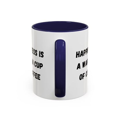 White ceramic coffee mug with "Happiness Is A Warm Cup Of Coffee" text, featuring a simple, stylish design on a white background.