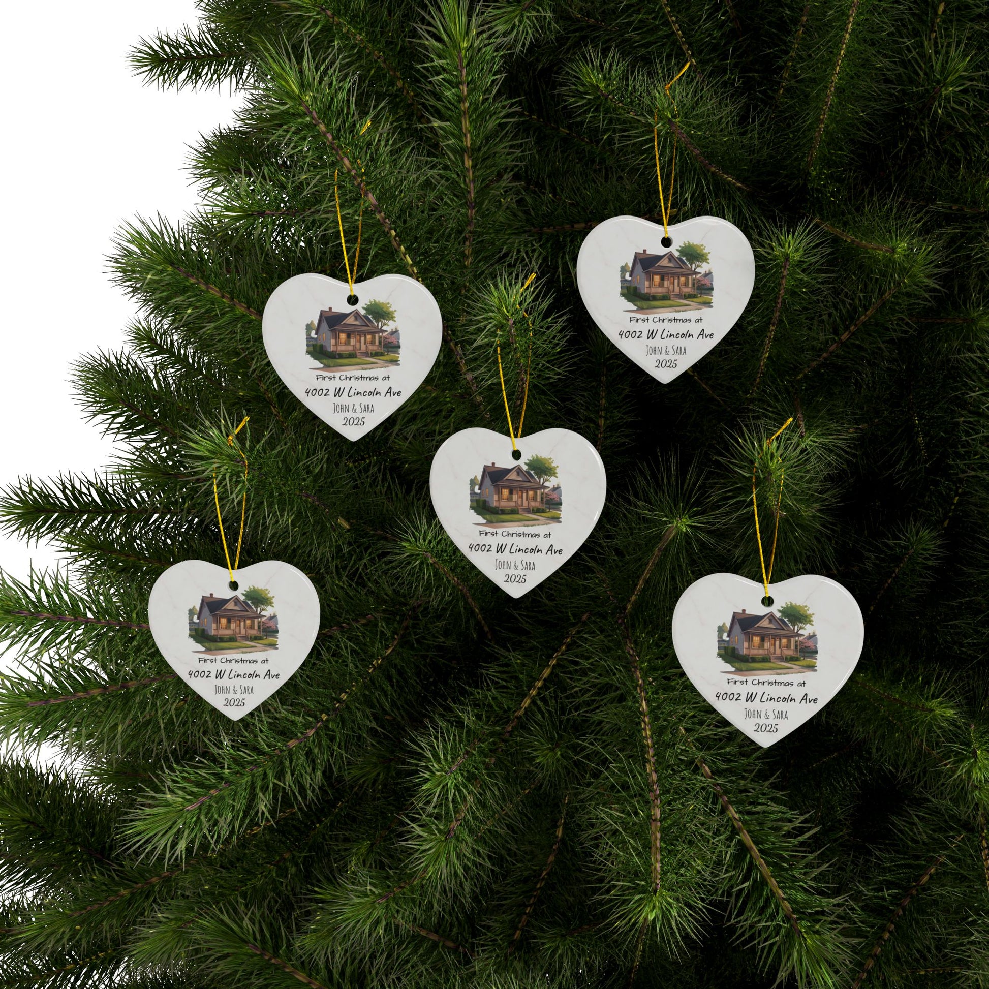 Personalized custom house illustration ceramic ornament with address and names, featuring a 2-sided Christmas design.