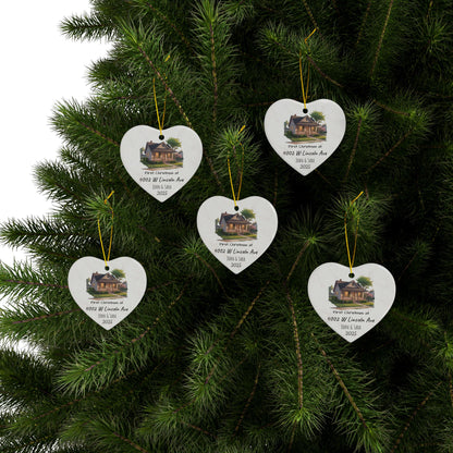 Personalized custom house illustration ceramic ornament with address and names, featuring a 2-sided Christmas design.