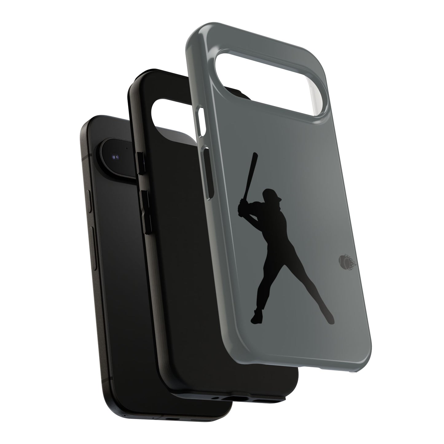 Black baseball silhouette tough phone case for iPhone, protective sporty design from Printify shown on a phone.