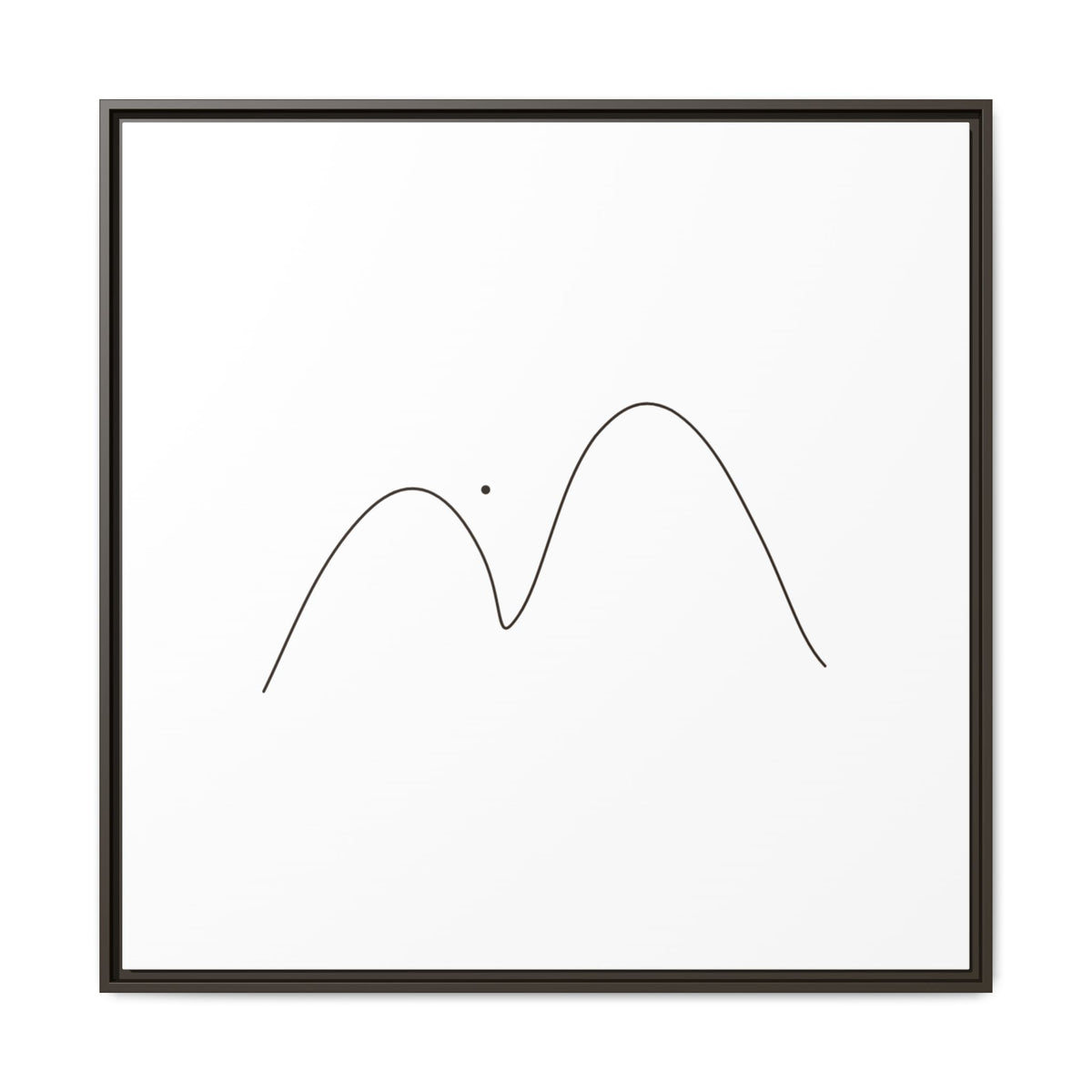 Minimalist mountain line art framed matte canvas, featuring simple black mountain outlines on a white background.