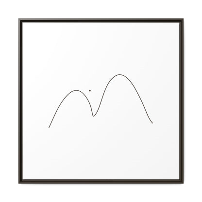 Minimalist mountain line art framed matte canvas, featuring simple black mountain outlines on a white background.