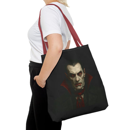 Black vampire tote bag with spooky gothic design, perfect for Halloween accessories, by Printify.