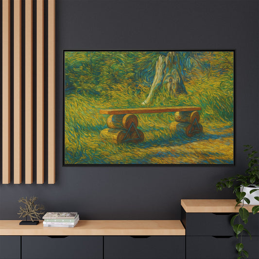 Framed matte canvas art of a sunlit garden bench landscape, printed by Printify, showcasing vibrant outdoor scenery.
