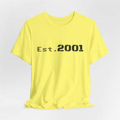 Retro minimalist Est. 2001 graphic T-shirt by Printify featuring a simple birth year design on soft cotton fabric.