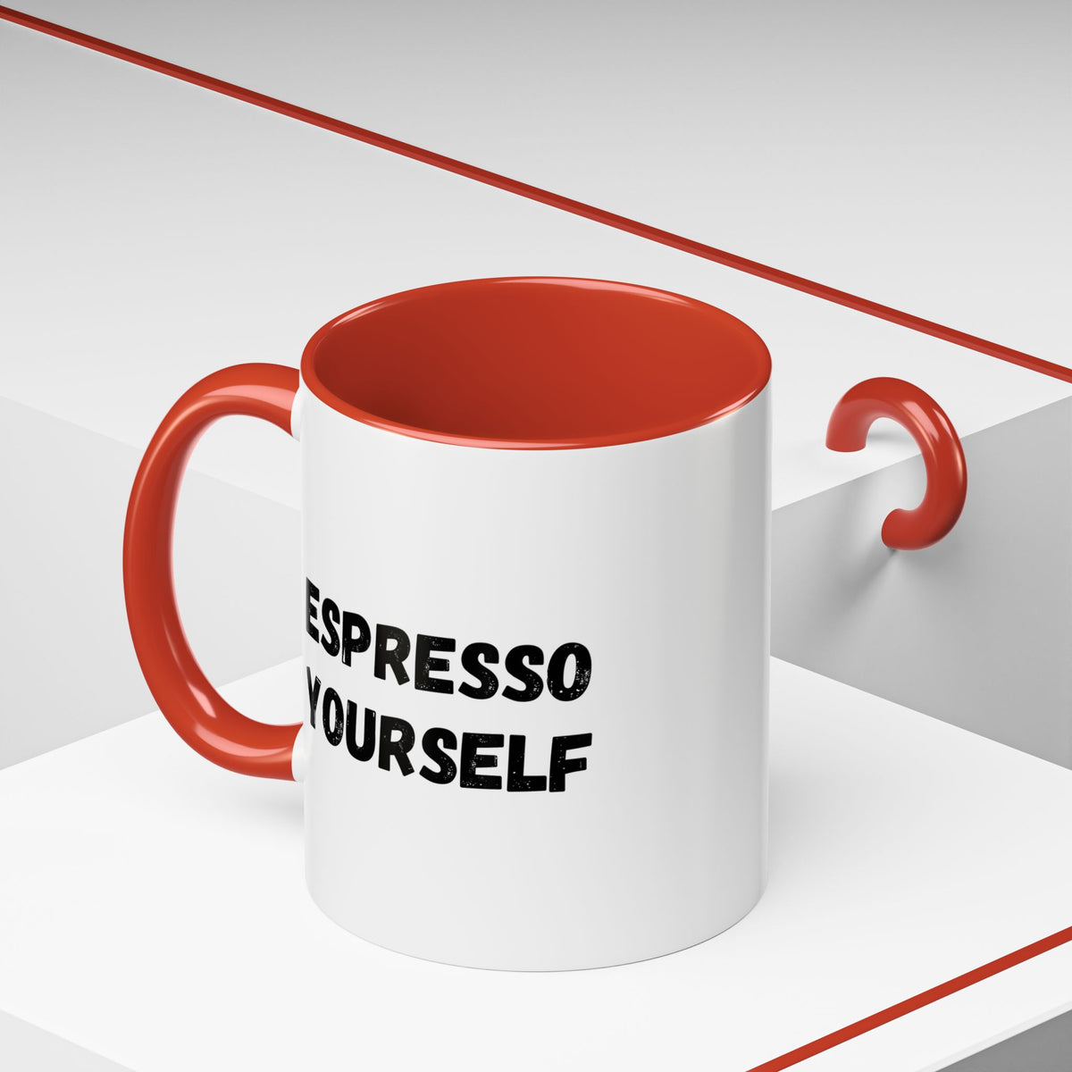 Printify Espresso Yourself accent coffee mug with humorous coffee lover quote, available in 11 or 15 oz sizes.