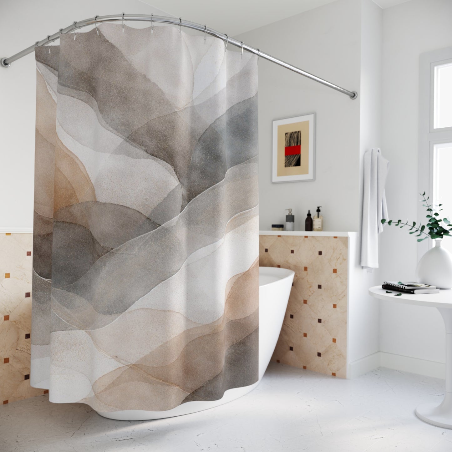 Abstract Watercolor Waves Shower Curtain | Neutral Brown Gray Bathroom Décor