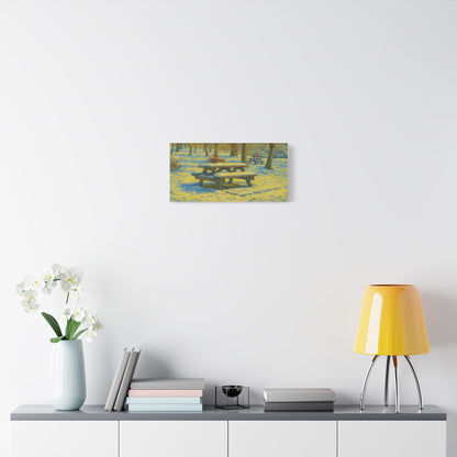 Winter picnic canvas print featuring a snow-covered park bench wall art by Printify, ideal for seasonal home decor.