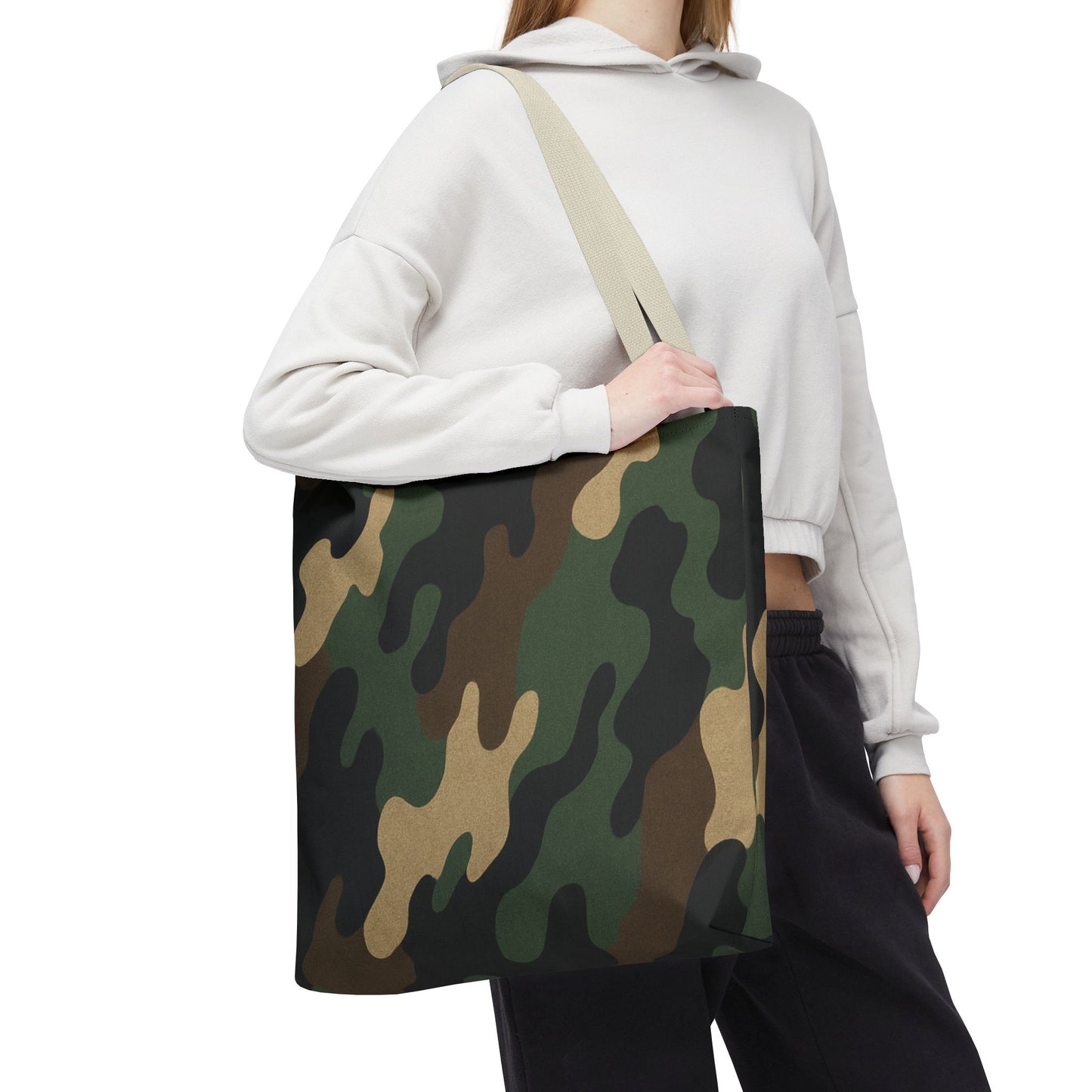 Camo pattern tote bag from Printify featuring an all-over printed canvas carryall with sturdy handles.
