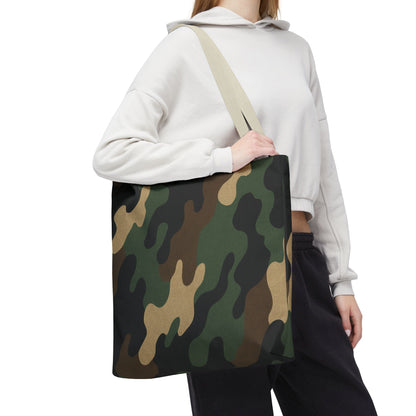 Camo pattern tote bag from Printify featuring an all-over printed canvas carryall with sturdy handles.