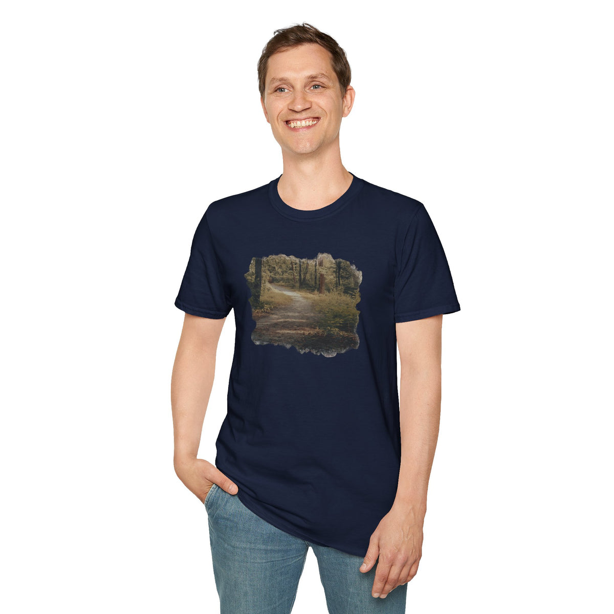 Vintage forest landscape T-shirt by Printify featuring a nature pathway design, showcasing lush trees and a scenic woodland scene.