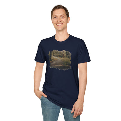 Vintage forest landscape T-shirt by Printify featuring a nature pathway design, showcasing lush trees and a scenic woodland scene.