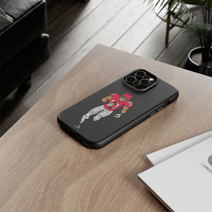 Black football player tough phone case for iPhone, sporty protective case featuring a dynamic athlete design by Printify