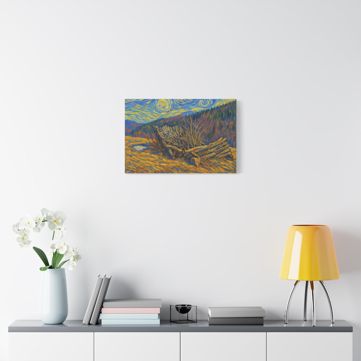 Impressionist Starry Landscape canvas print by Printify showcasing a vibrant night sky with stars and scenic landscape.