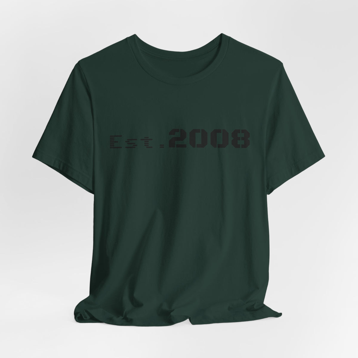 Black graphic T-shirt by Printify with "Established 2008" and minimal design, casual unisex tee for everyday wear.