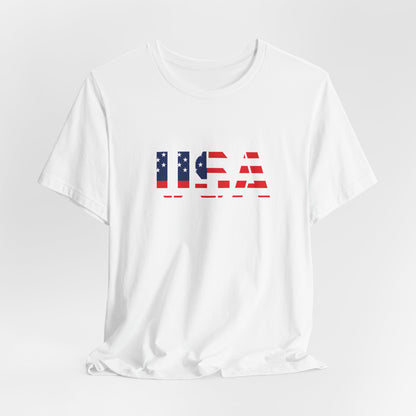USA flag patriotic T-shirt by Printify featuring bold red, white, and blue colors and Fourth of July design.