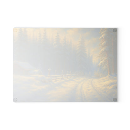 Winter Cabin Glass Cutting Board – Snowy Forest Scenic Kitchen Décor