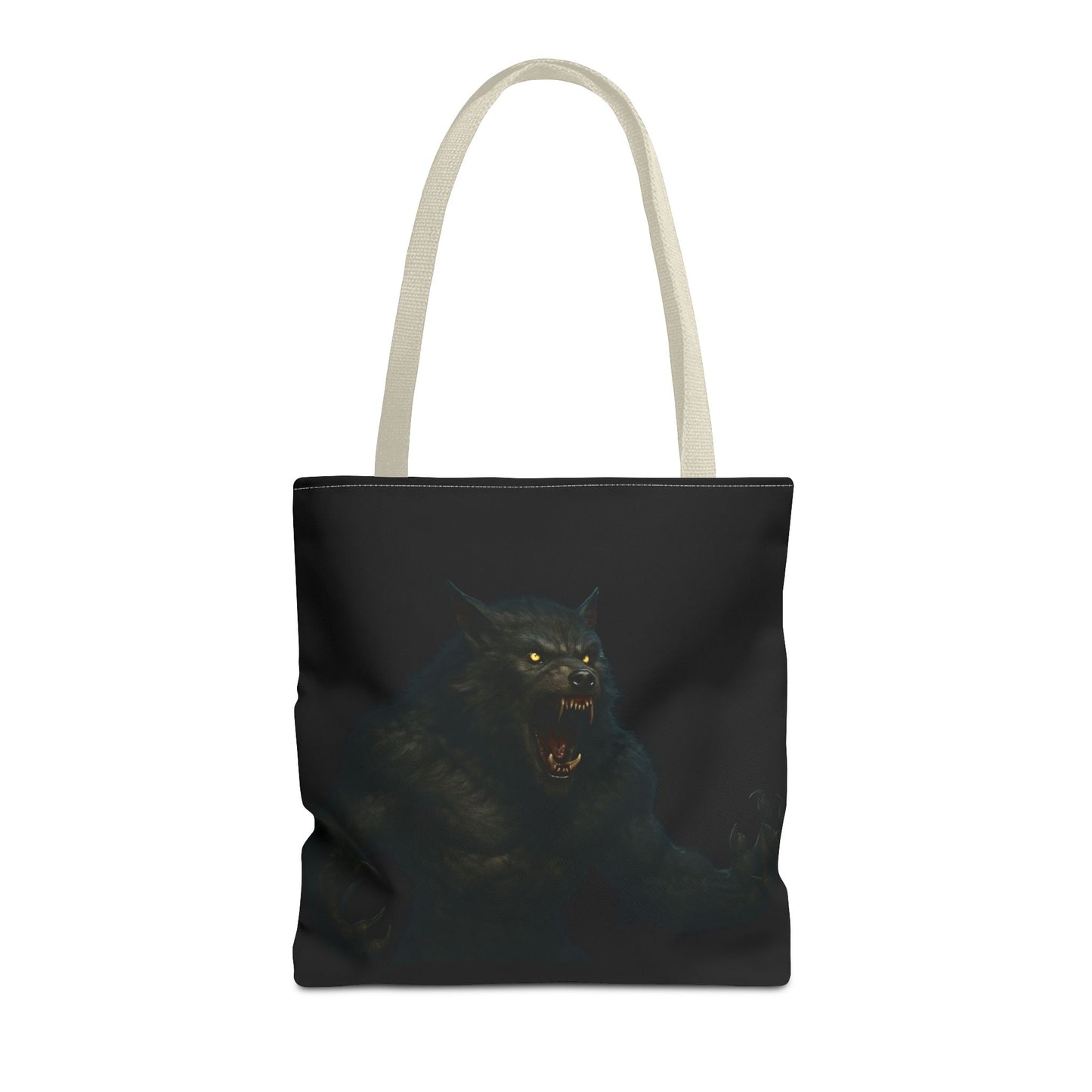 Werewolf tote bag with dark Halloween art, featuring a horror-themed design, by Printify, perfect for Halloween or horror fans.