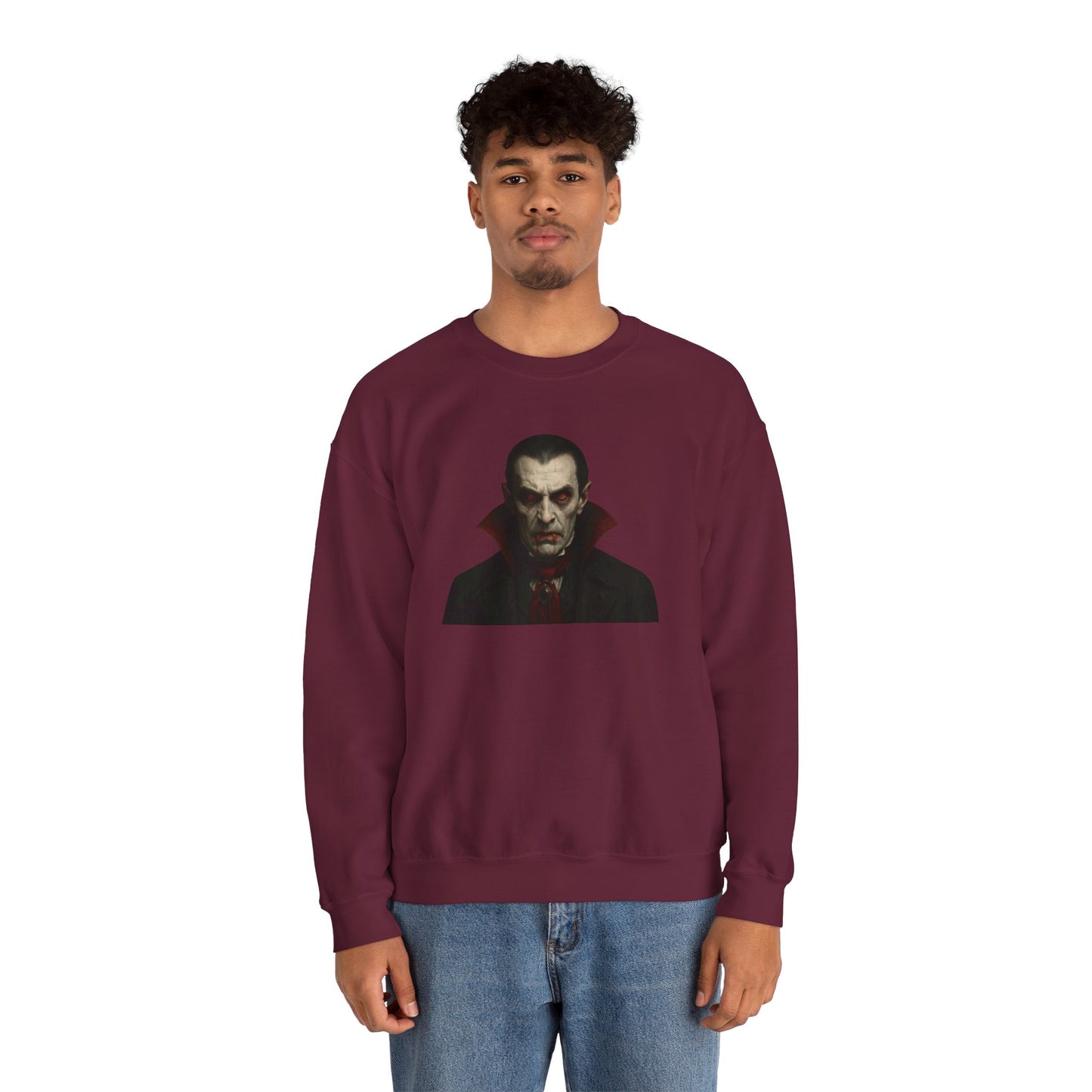 Vampire portrait crewneck sweatshirt by Printify featuring a detailed vampire face graphic on a comfortable black sweatshirt.