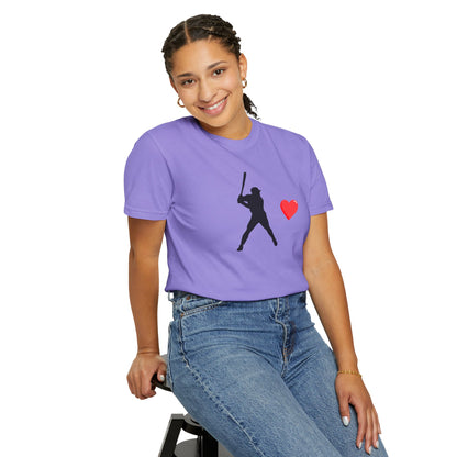 White baseball batter heart T-shirt by Printify featuring a graphic of a batter with a heart-shaped background.