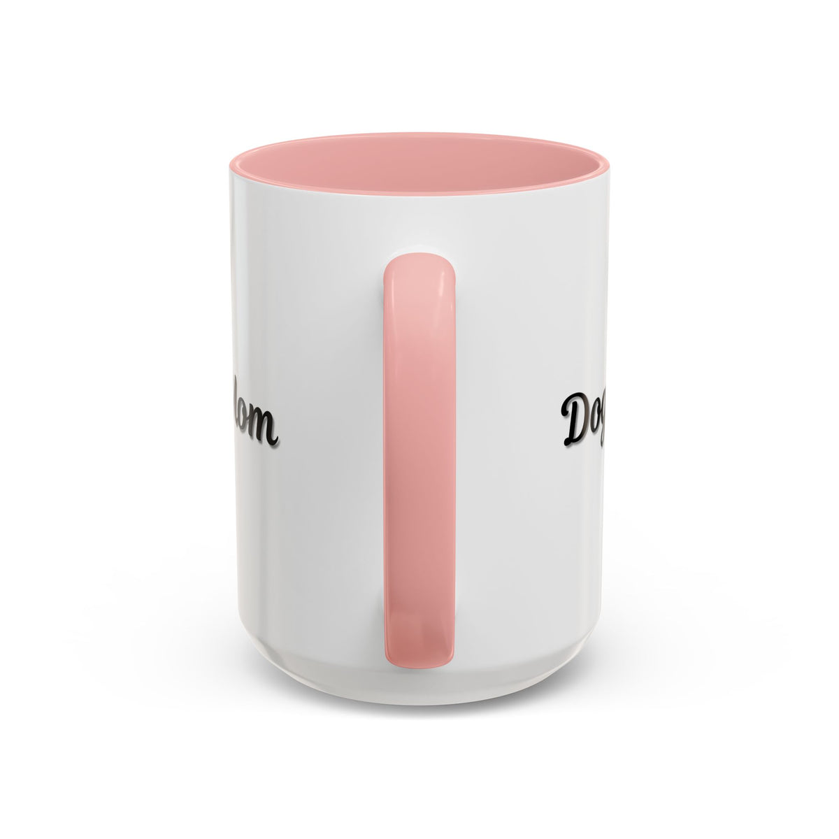 Dog Mom Accent Coffee Mug — white ceramic coffee mug with retro script "Dog Mom" print, colored interior and C-handle, 11oz/15oz, front view