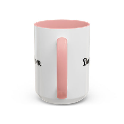 Dog Mom Accent Coffee Mug — white ceramic coffee mug with retro script "Dog Mom" print, colored interior and C-handle, 11oz/15oz, front view