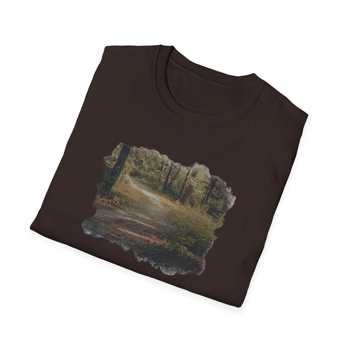 Vintage forest landscape T-shirt by Printify featuring a nature pathway scene on a comfortable cotton tee.