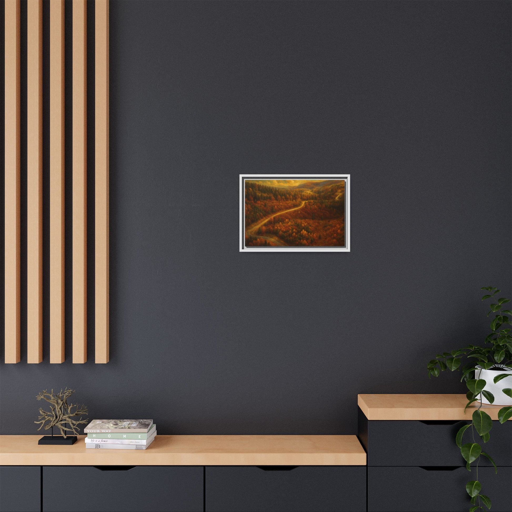 Framed matte canvas print of autumn forest road landscape wall art by Printify, featuring vibrant fall colors and natural scenery.