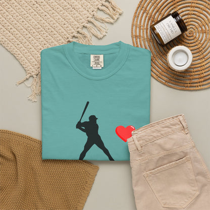 White baseball batter heart T-shirt by Printify featuring a graphic of a batter swinging a bat on the front.