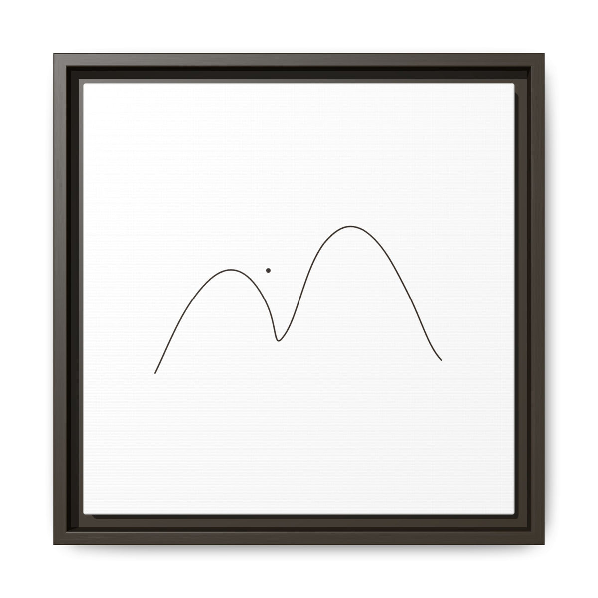Minimalist mountain line art on framed matte canvas by Printify, featuring simple mountain peaks in black on white background.