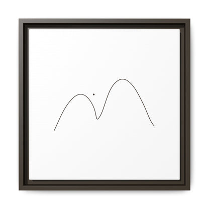 Minimalist mountain line art on framed matte canvas by Printify, featuring simple mountain peaks in black on white background.