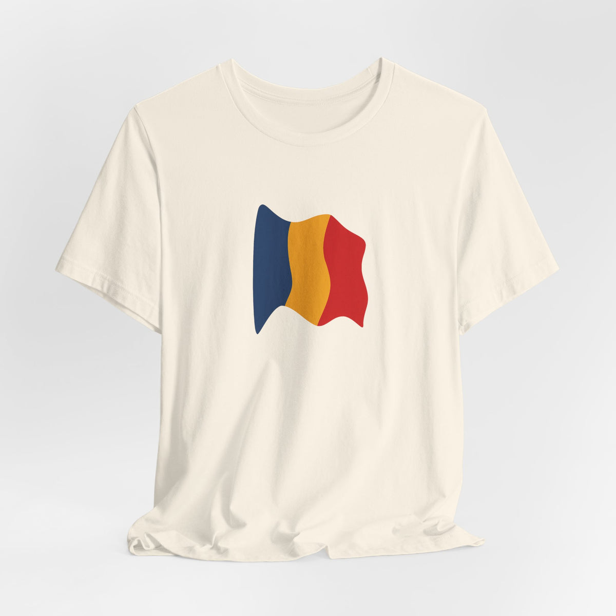 Romania Flag T-Shirt by Printify featuring a minimal waving tricolor design on a casual tee.