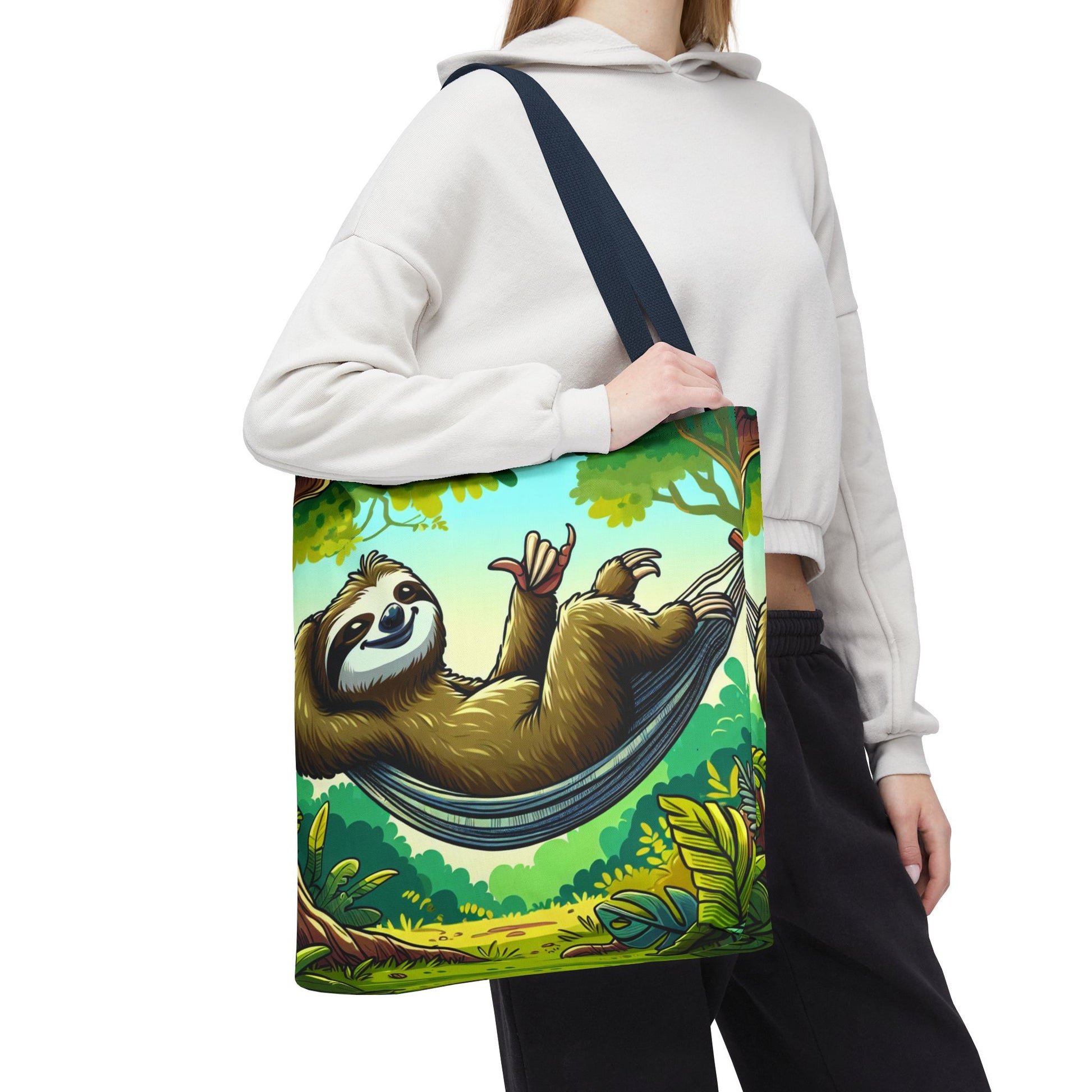 Cute eco-friendly sloth tote bag by Printify featuring a charming sloth illustration, perfect for animal lovers.