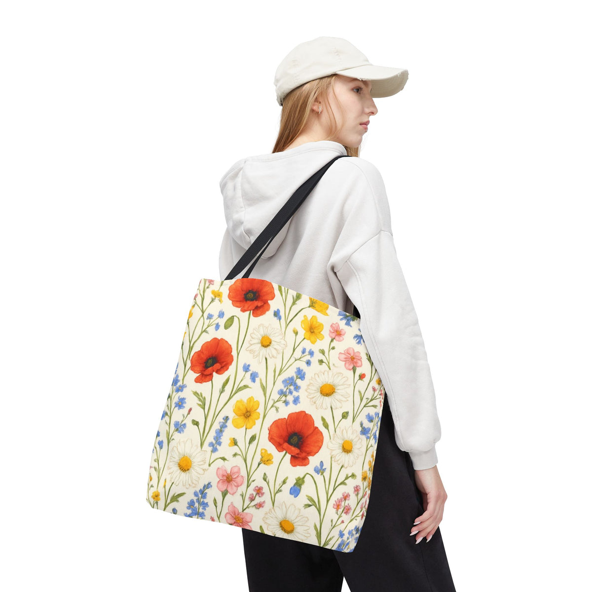 Wildflower Poppy print tote bag with floral all-over pattern, made by Printify, featuring vibrant poppy flower designs.