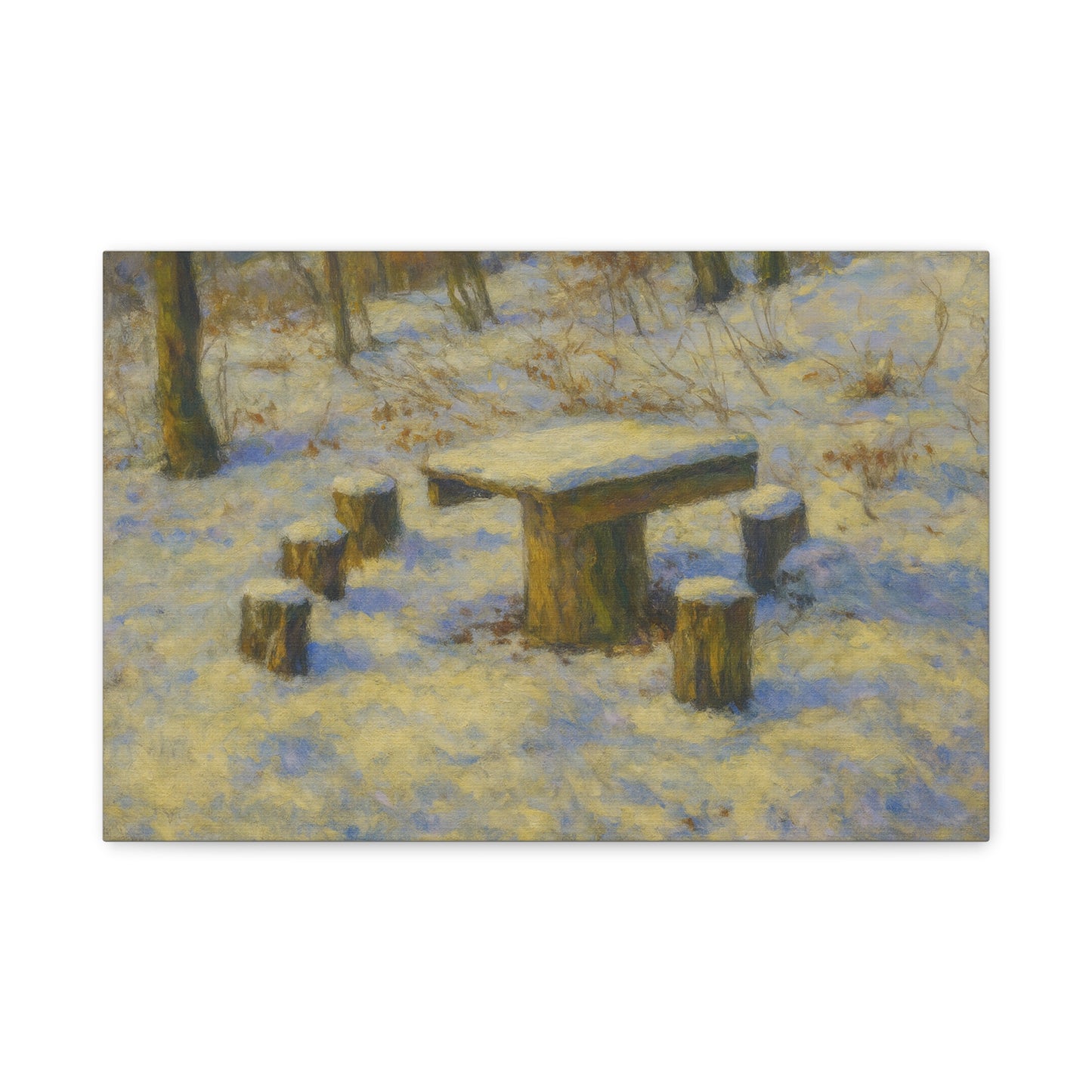 Snowy forest winter landscape canvas wall art by Printify, matte stretched print showcasing snow-covered trees and serene winter scene.