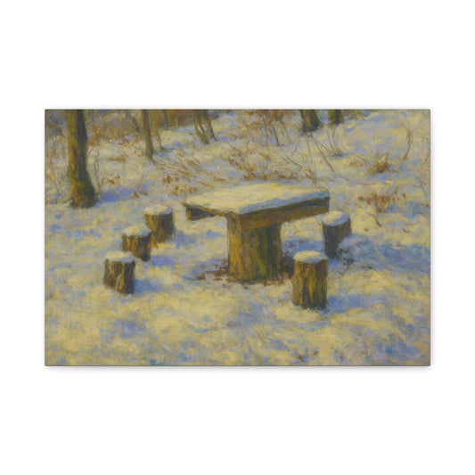Snowy forest winter landscape canvas wall art by Printify, matte stretched print showcasing snow-covered trees and serene winter scene.