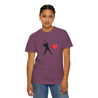 Black baseball batter heart T-shirt from Printify featuring a graphic design of a batter with a heart motif.