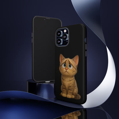 Cute sad kitty design on Printify cat phone case protecting an iPhone, with colorful cartoon-style artwork.