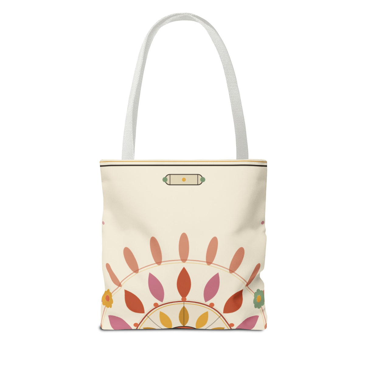 Boho floral mandala tote bag with pastel sunburst pattern, made by Printify, showcasing vibrant, artistic bag design.