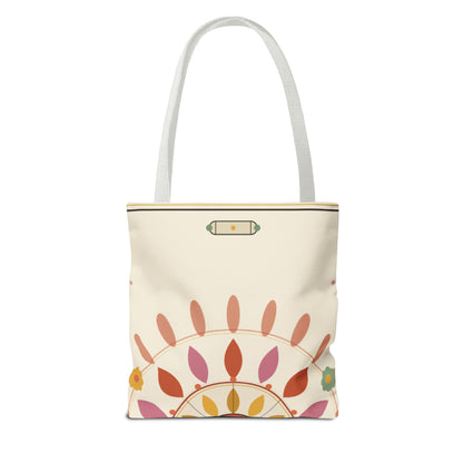 Boho floral mandala tote bag with pastel sunburst pattern, made by Printify, showcasing vibrant, artistic bag design.