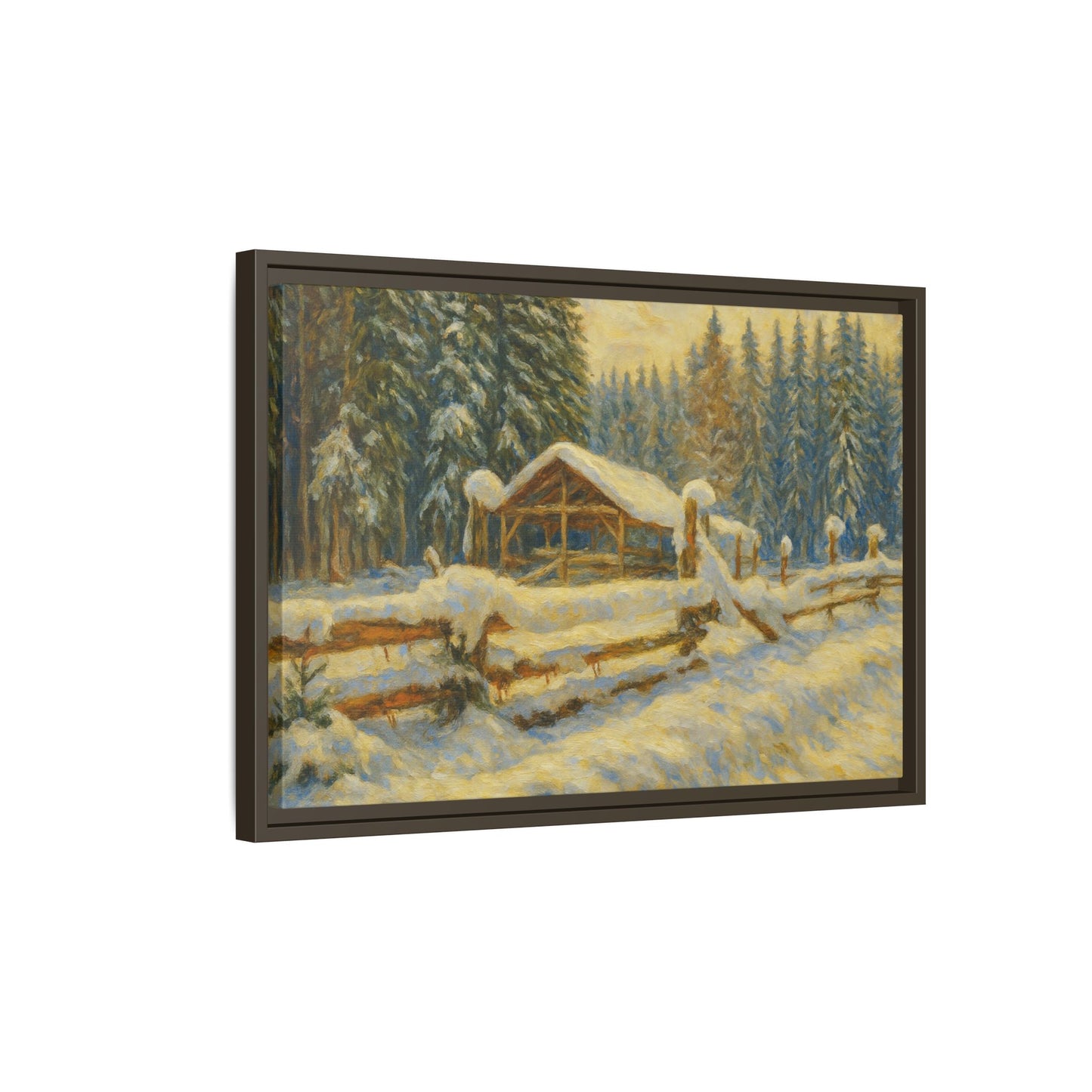 Snowy cabin winter landscape canvas wall art by Printify, featuring a cozy cabin scene in a snowy forest setting.