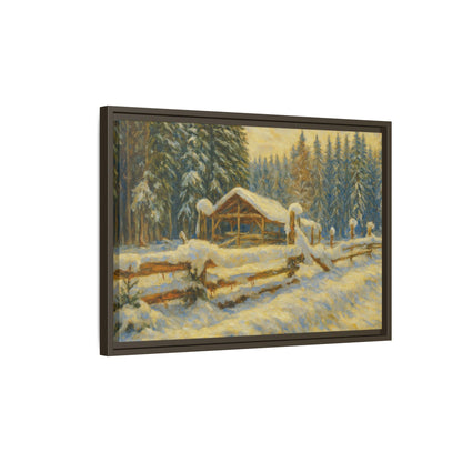 Snowy cabin winter landscape canvas wall art by Printify, featuring a cozy cabin scene in a snowy forest setting.