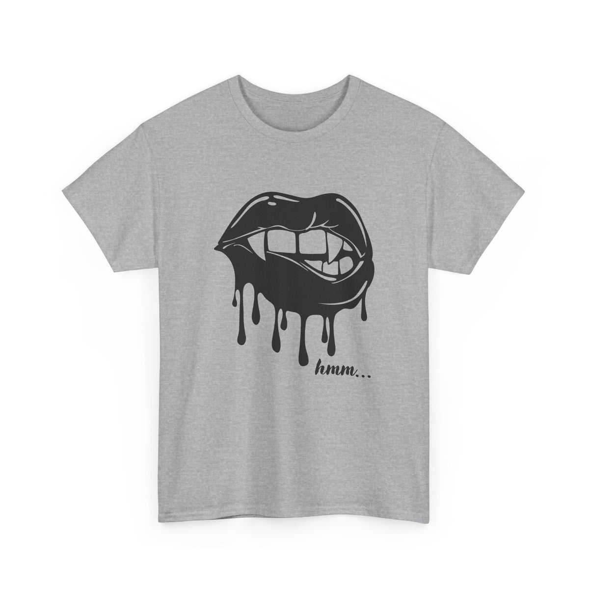 Graphic T-shirt by Printify featuring a dripping lips 'hmm...' bite design, with bold red lips and a playful expression.
