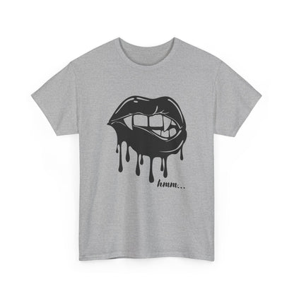 Graphic T-shirt by Printify featuring a dripping lips 'hmm...' bite design, with bold red lips and a playful expression.