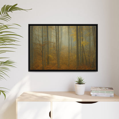 Framed matte canvas wall art of a misty autumn forest scene, featuring warm colors and detailed tree silhouettes.