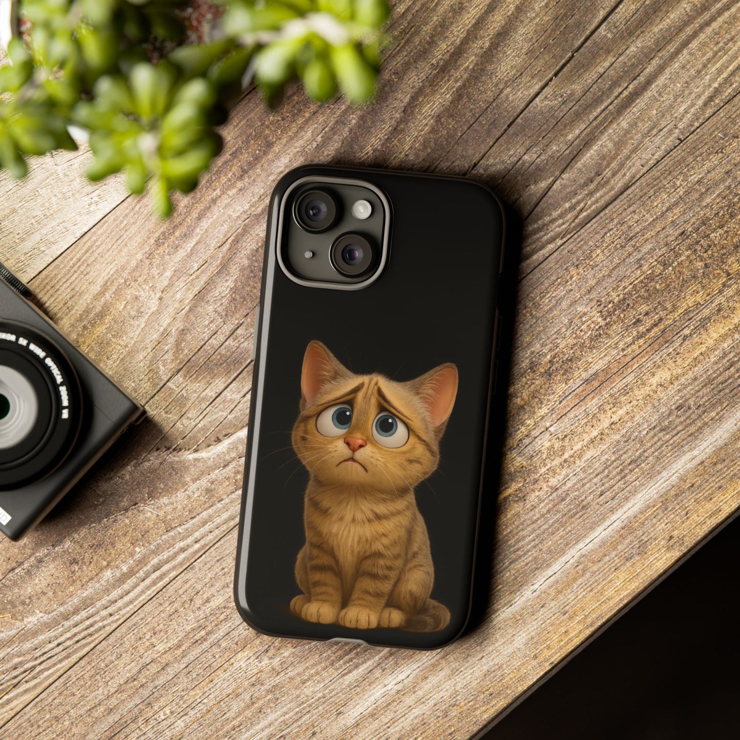 Cute sad kitty print phone case for iPhone, protective and stylish Cat Phone Case by Printify, featuring a charming feline design.