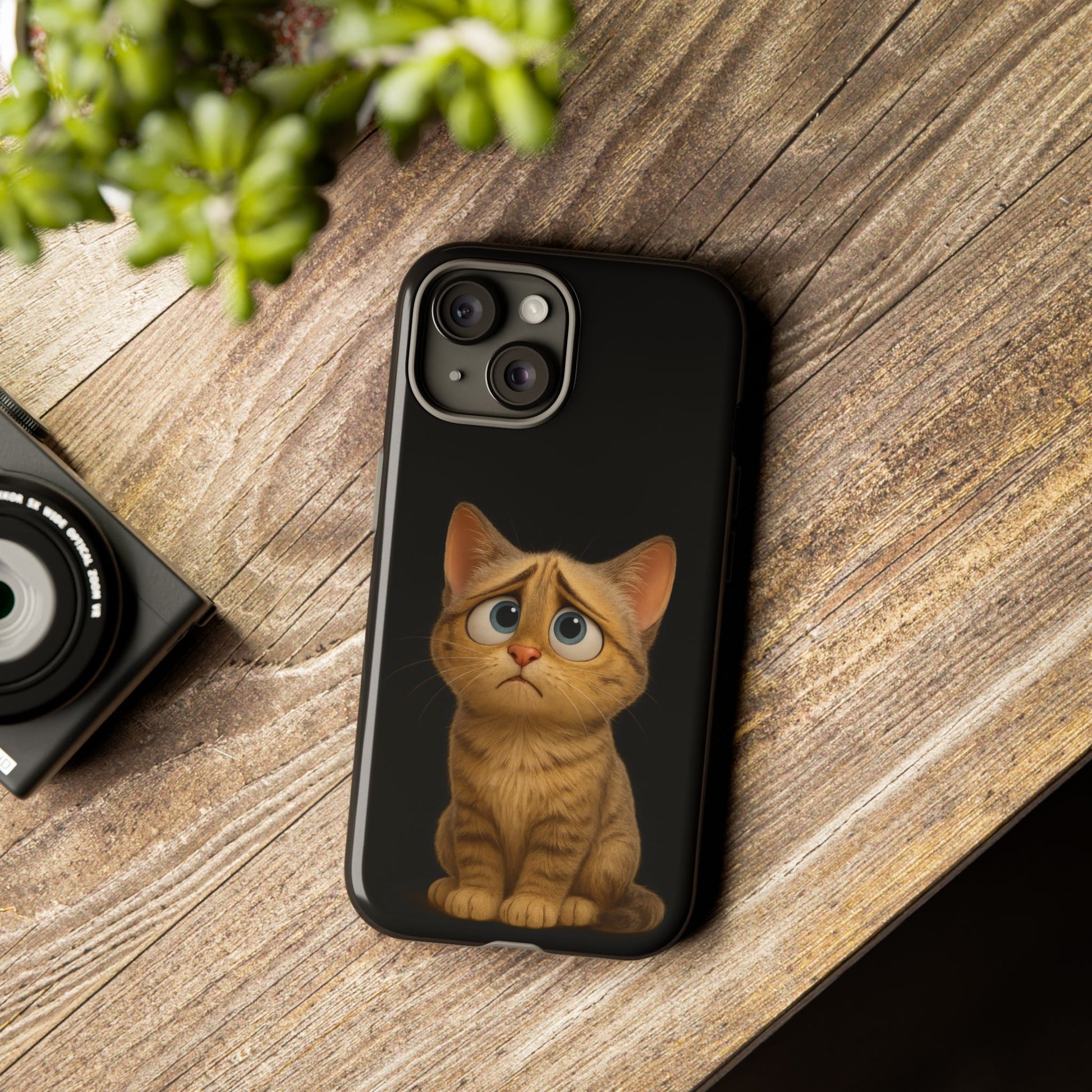 Cute sad kitty print phone case for iPhone, protective and stylish Cat Phone Case by Printify, featuring a charming feline design.