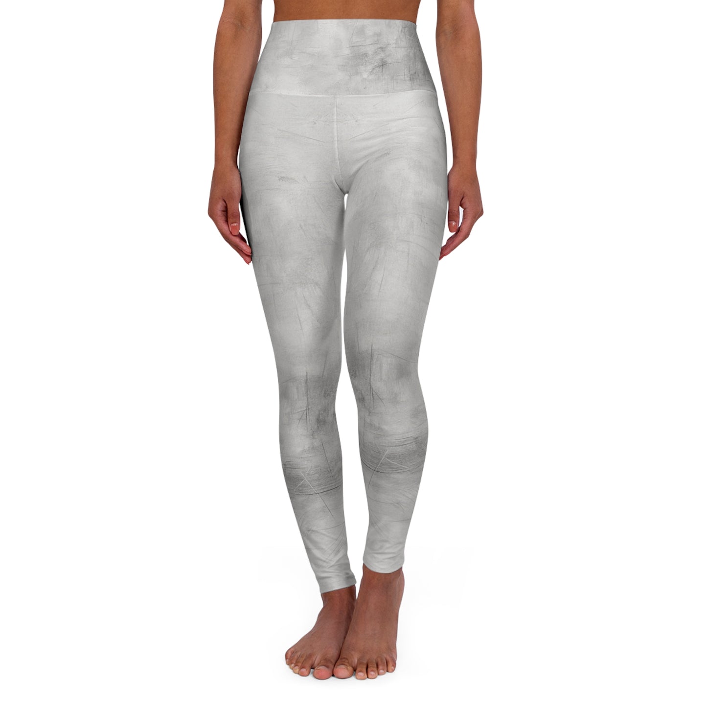 Gray tie-dye high-waisted yoga leggings with all-over print, designed for comfortable everyday fitness wear by Printify.